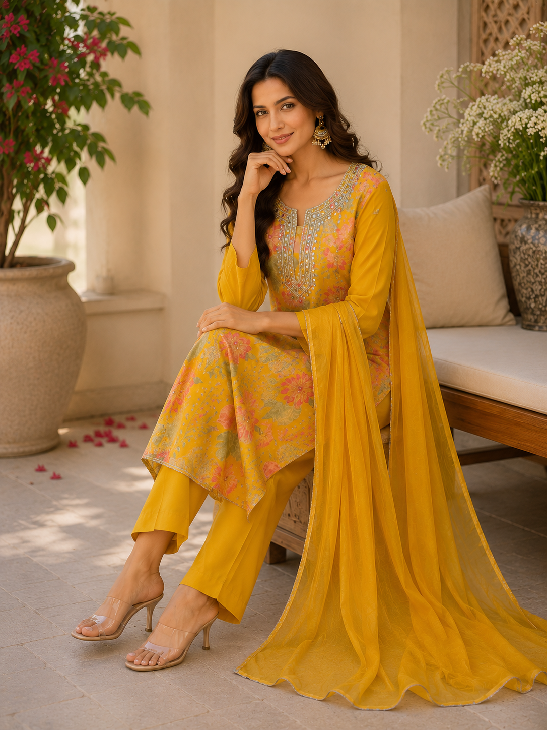 Pure viscose organza hand work suit