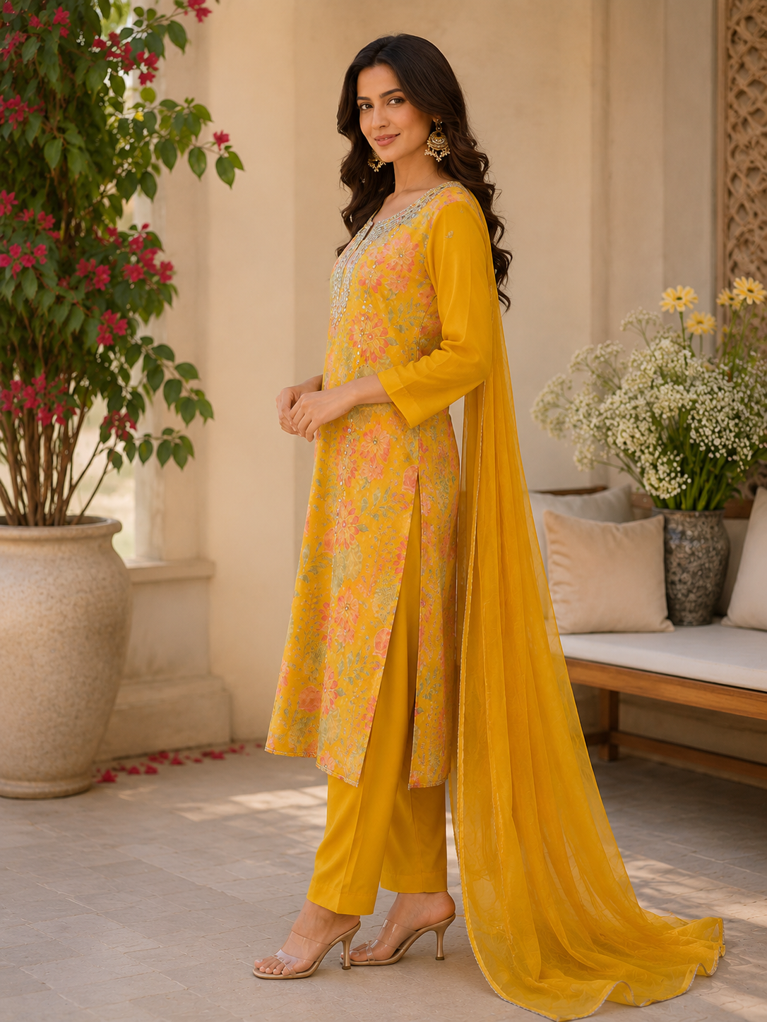 Pure viscose organza hand work suit