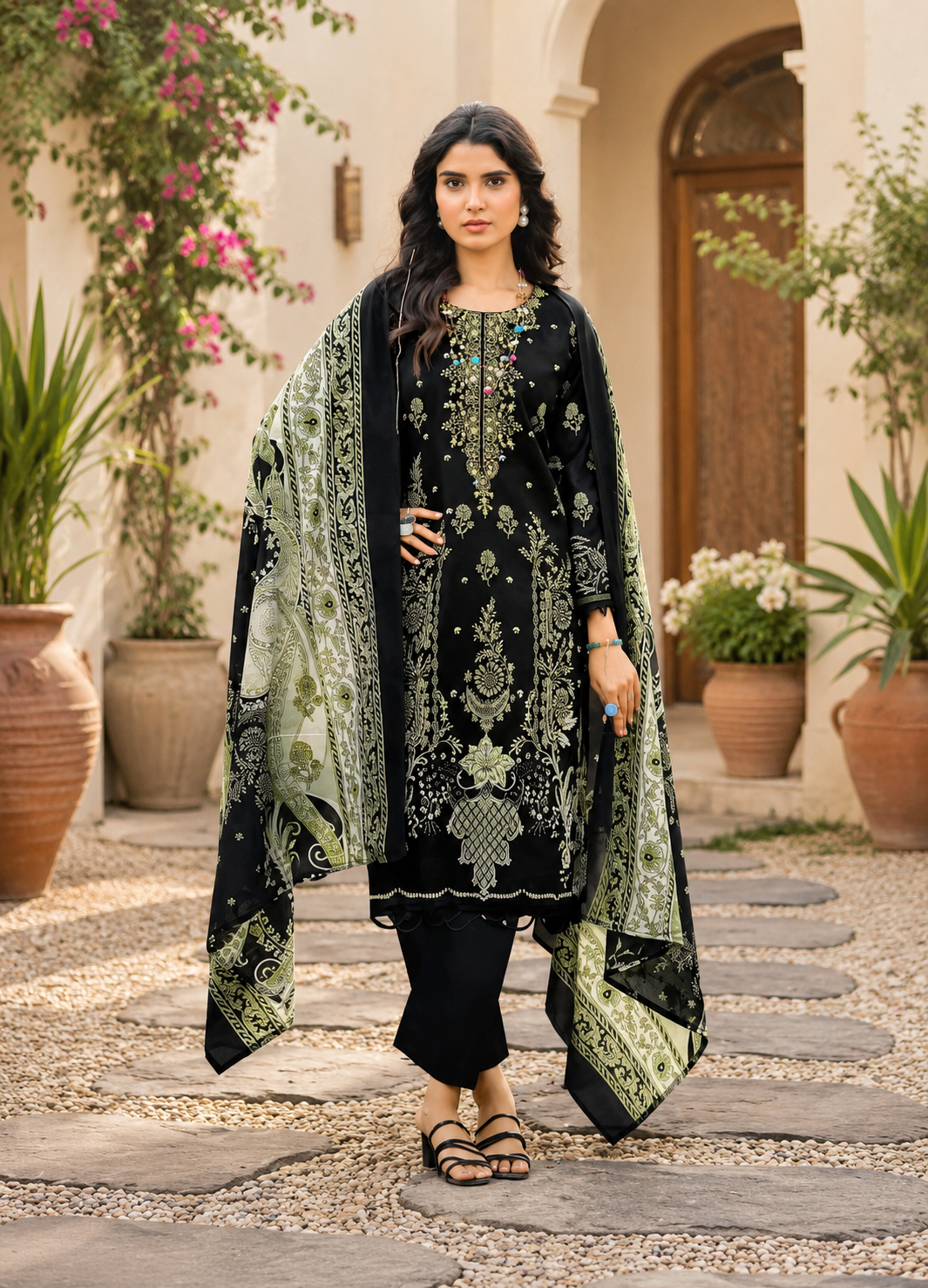 Pure cotton designer print with embroidery suit