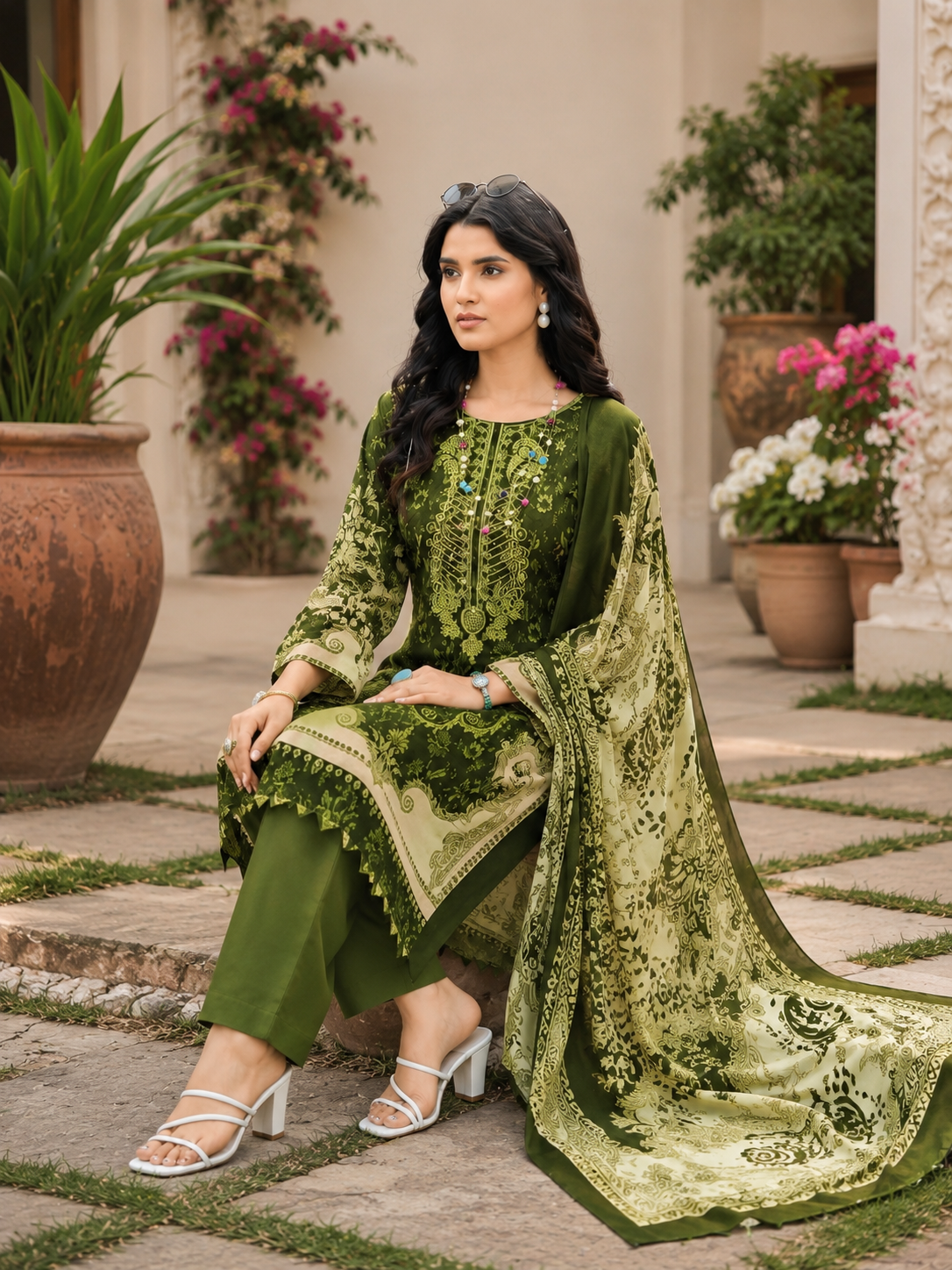 Pure cotton green shade print with embroidery suit