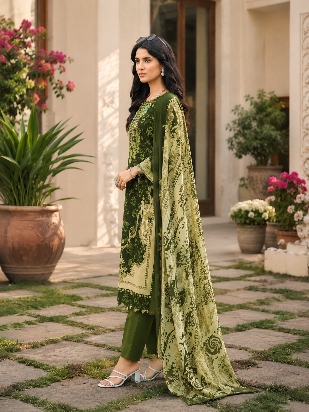 Pure cotton green shade print with embroidery suit
