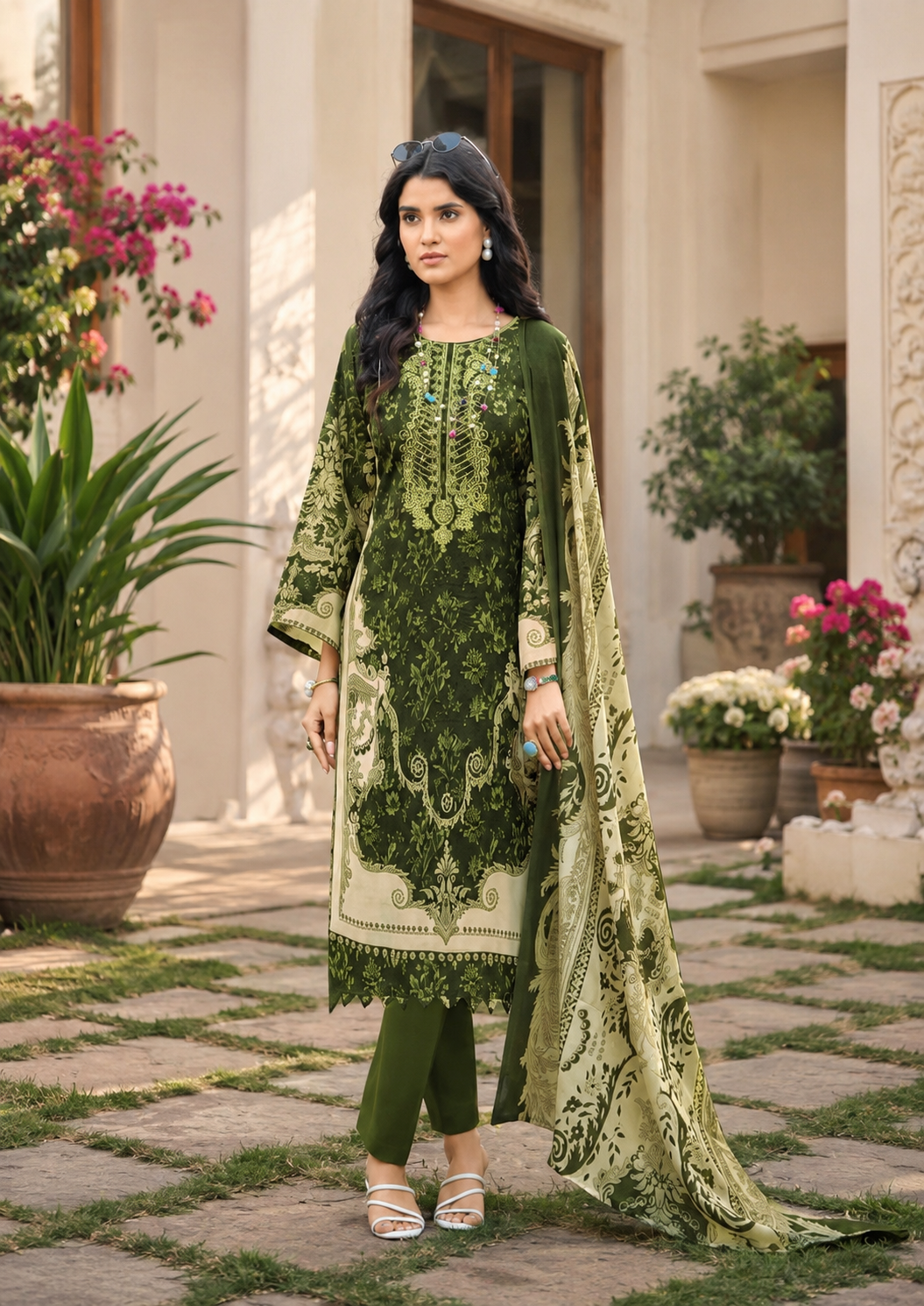 Pure cotton green shade print with embroidery suit