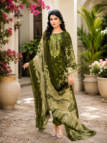 Pure cotton green shade print with embroidery suit