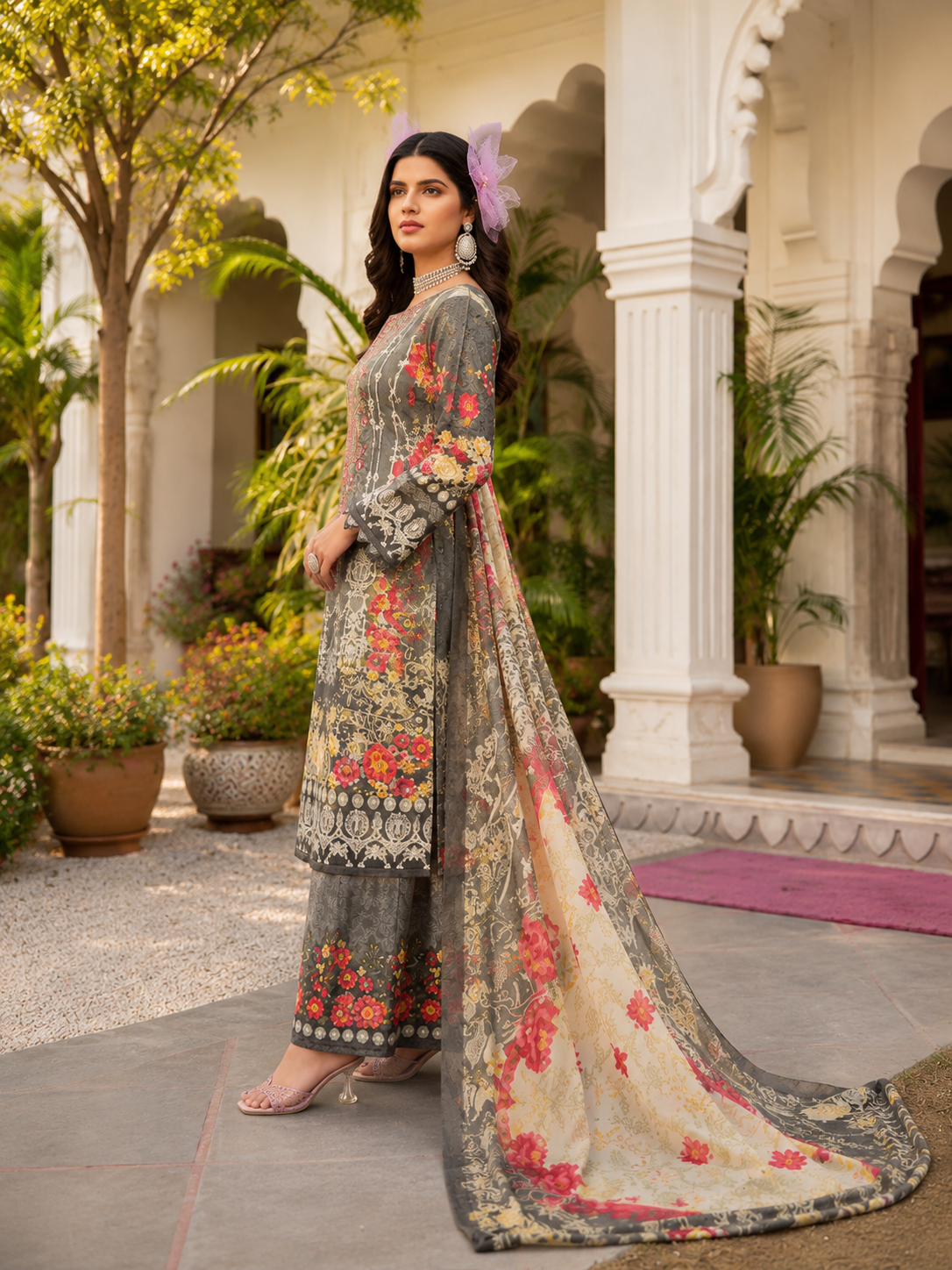 Pure cotton bottom print , embroidered top designer suit