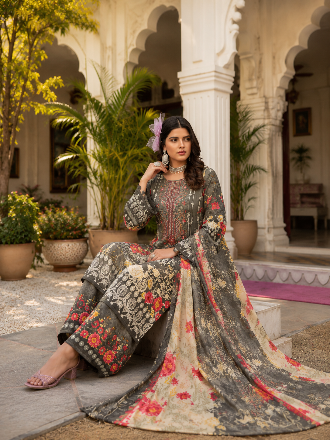 Pure cotton bottom print , embroidered top designer suit
