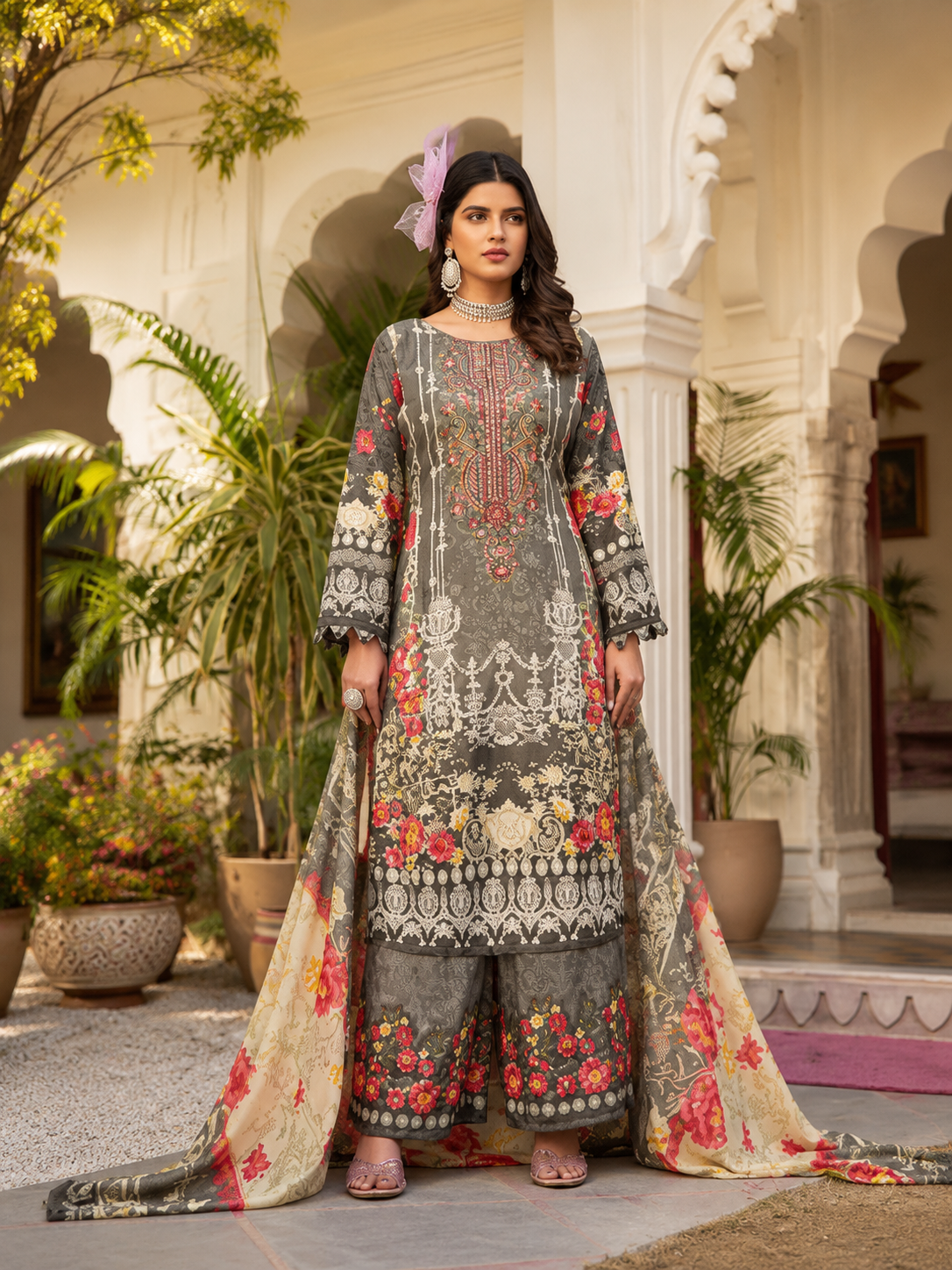 Pure cotton bottom print , embroidered top designer suit