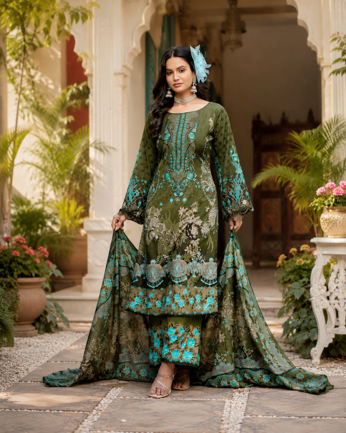 Pure cotton bottom print with embroidered top , cotton dupatta suit