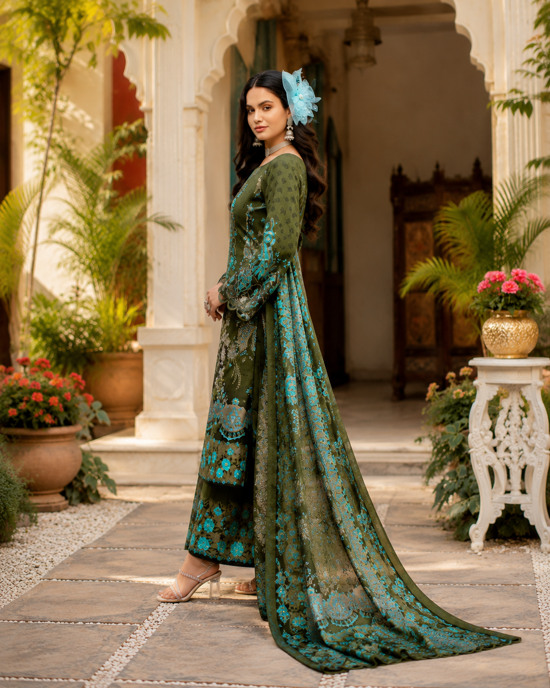 Pure cotton bottom print with embroidered top , cotton dupatta suit