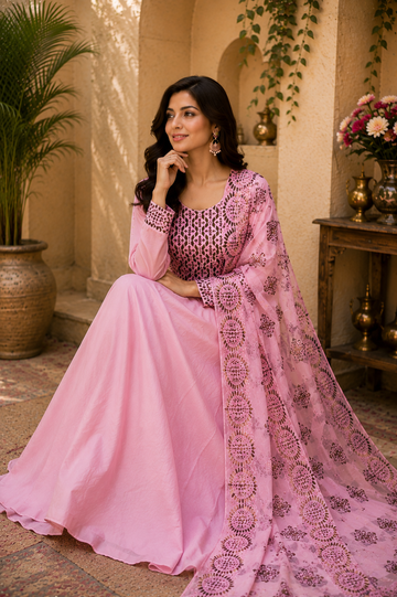 Muslin floor length designer dress with fancy dupatta