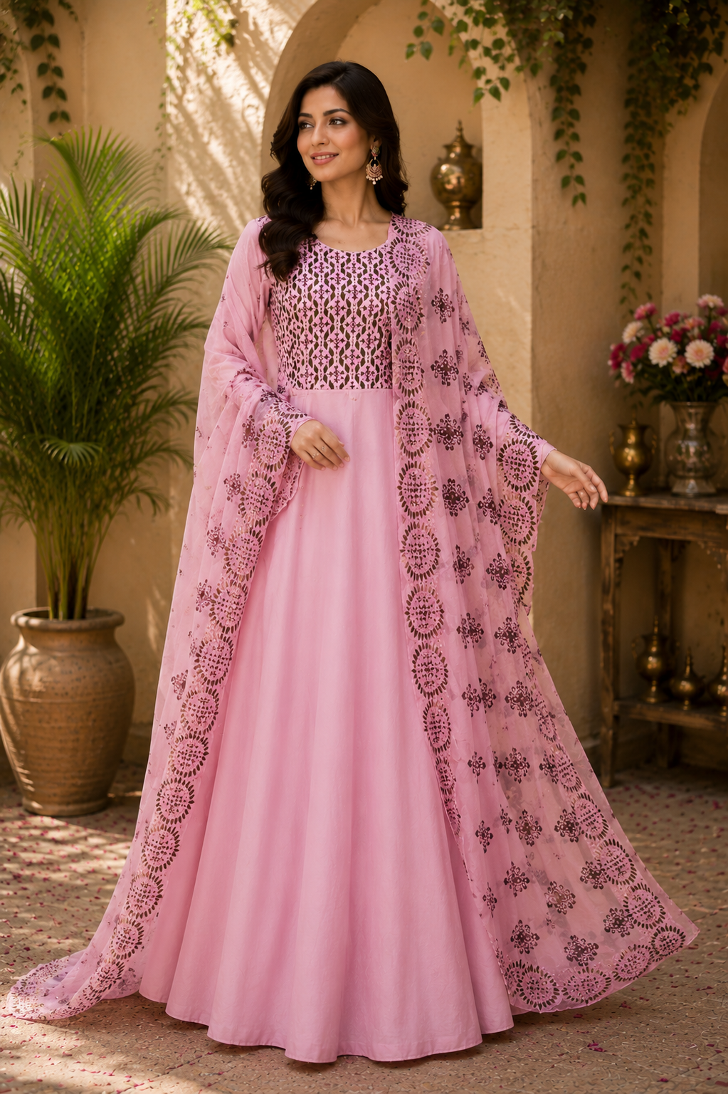 Muslin floor length designer dress with fancy dupatta