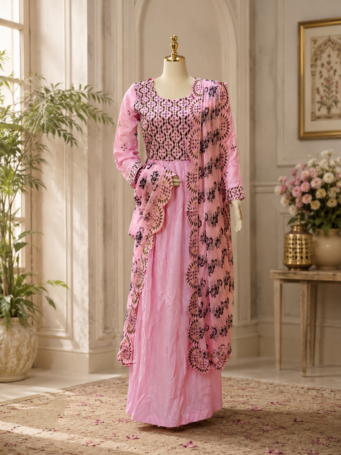 Muslin floor length designer dress with fancy dupatta