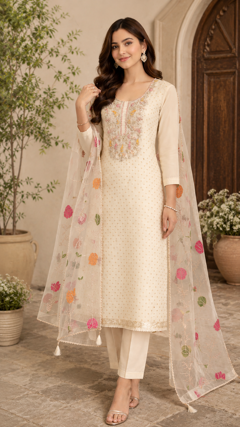 Semi stitched designer modal silk zari weaving suit with designer organza dupatta