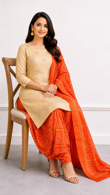 Glass tissue designer suit with bandhej print bottom and dupatta