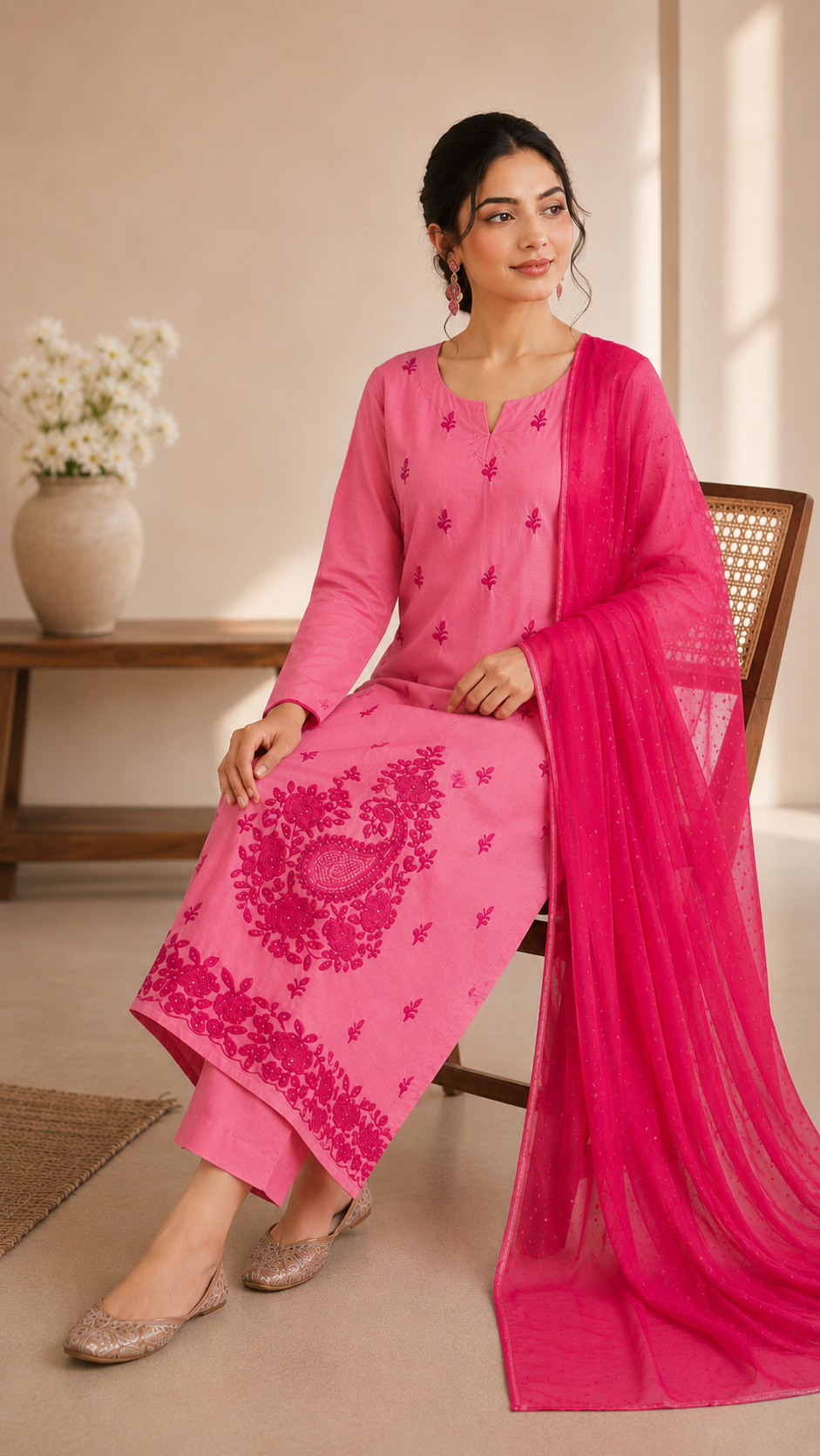 Muslin party wear pearls work suit