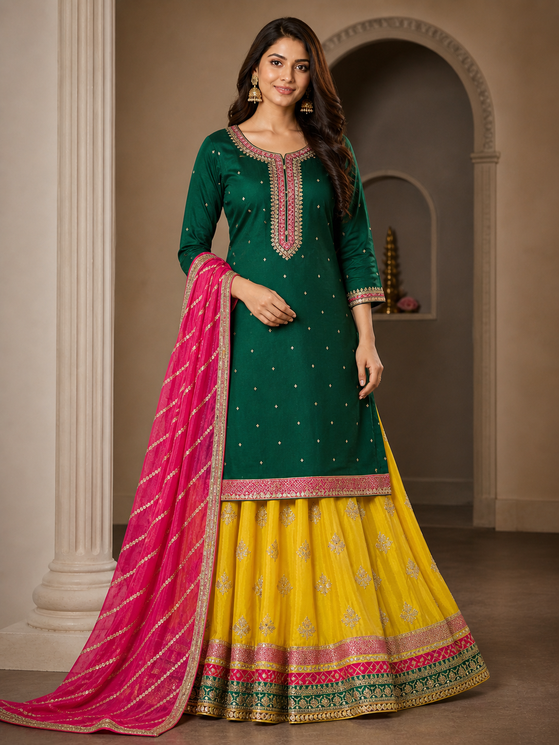 Pure opada silk wedding yellow and green suit