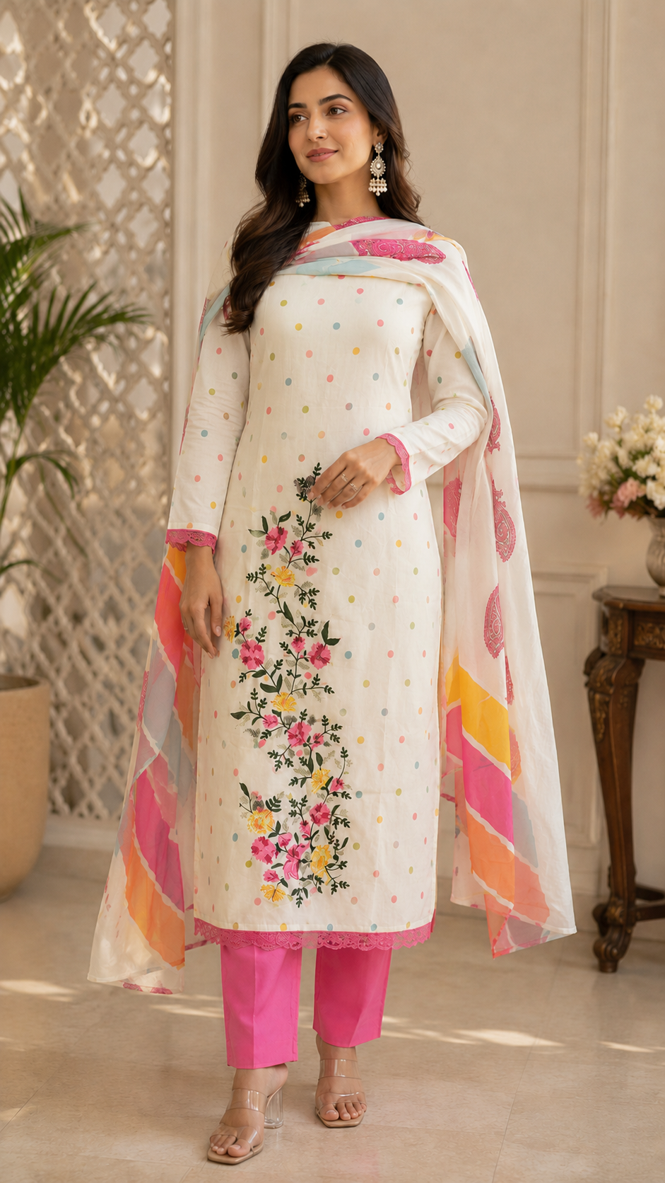 Pure cotton cream shade daily wear/office wear embroidered suit