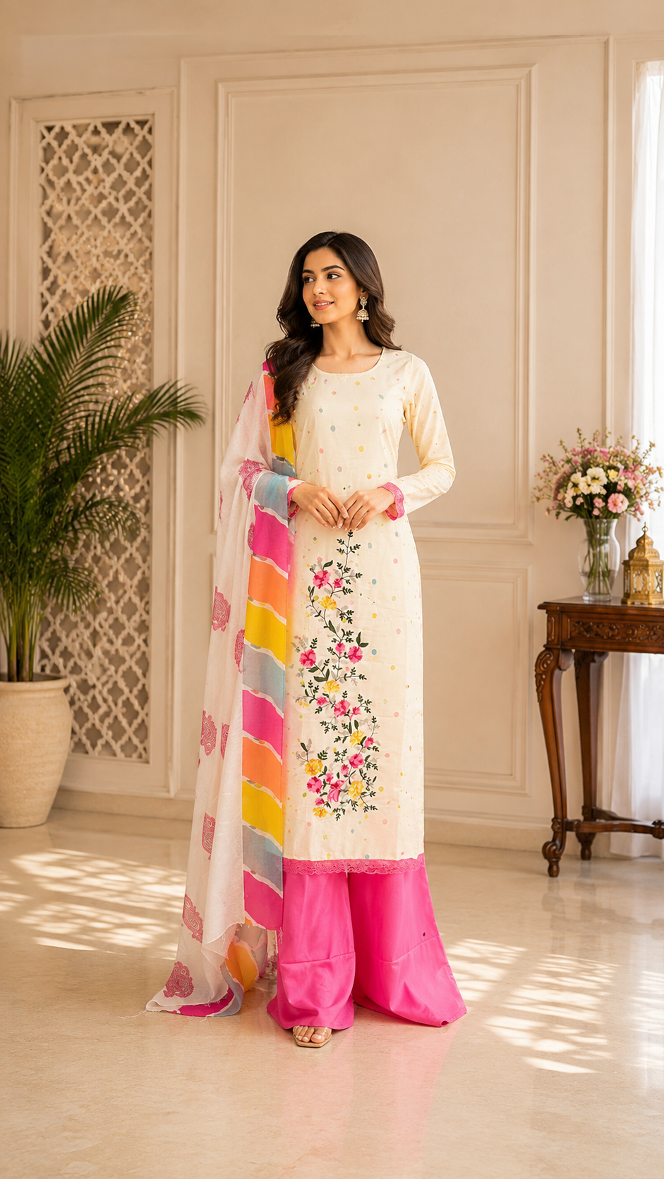 Pure cotton cream shade daily wear/office wear embroidered suit