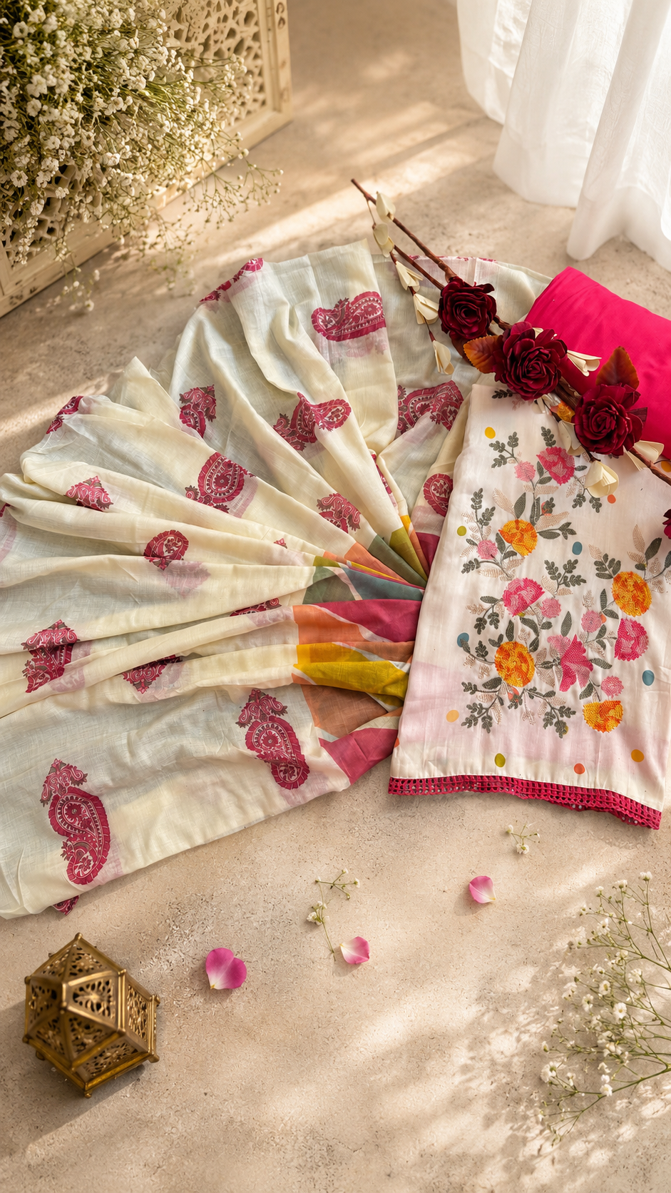 Pure cotton cream shade daily wear/office wear embroidered suit