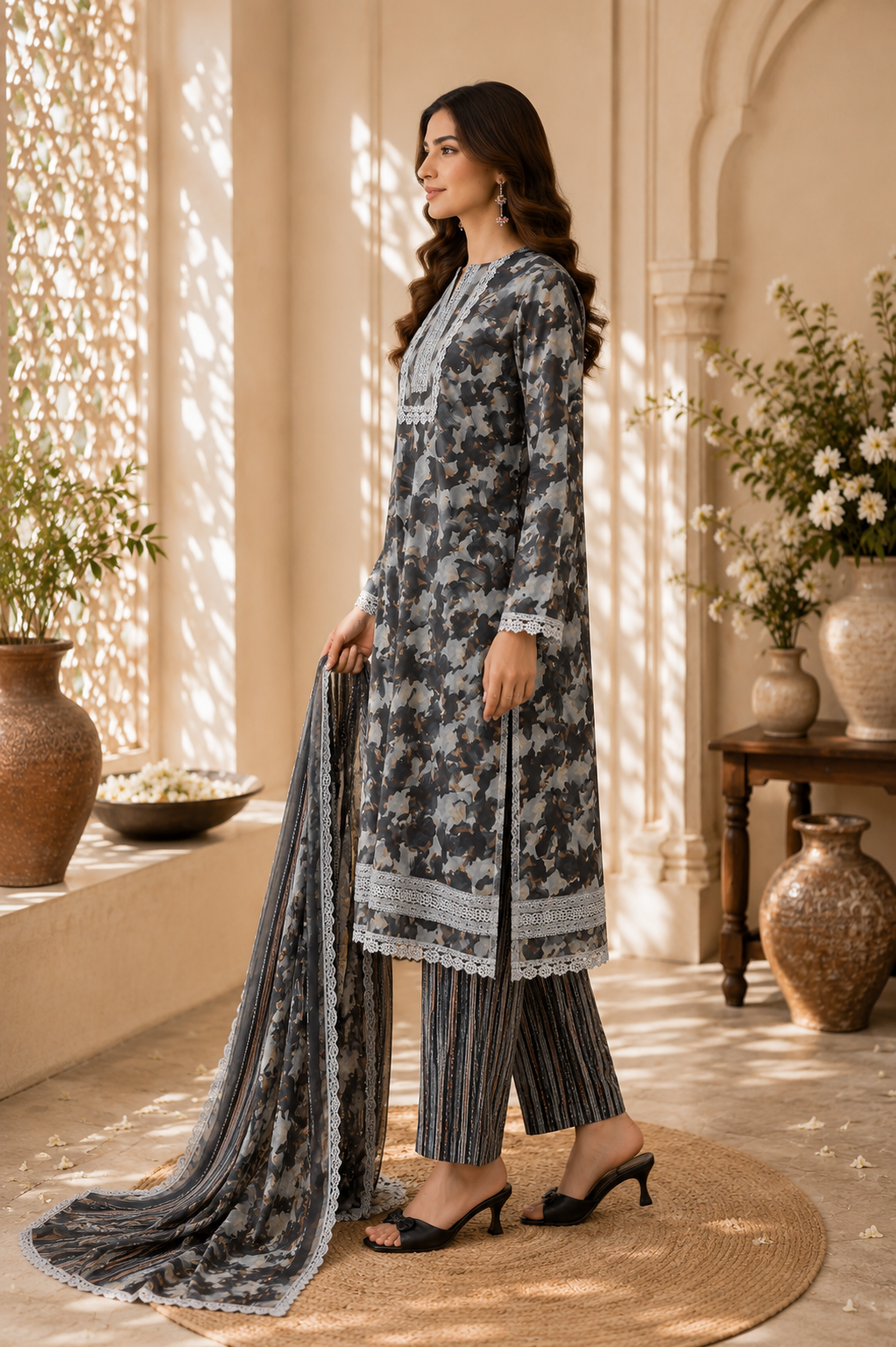 Roman silk premium look designer lace work suit