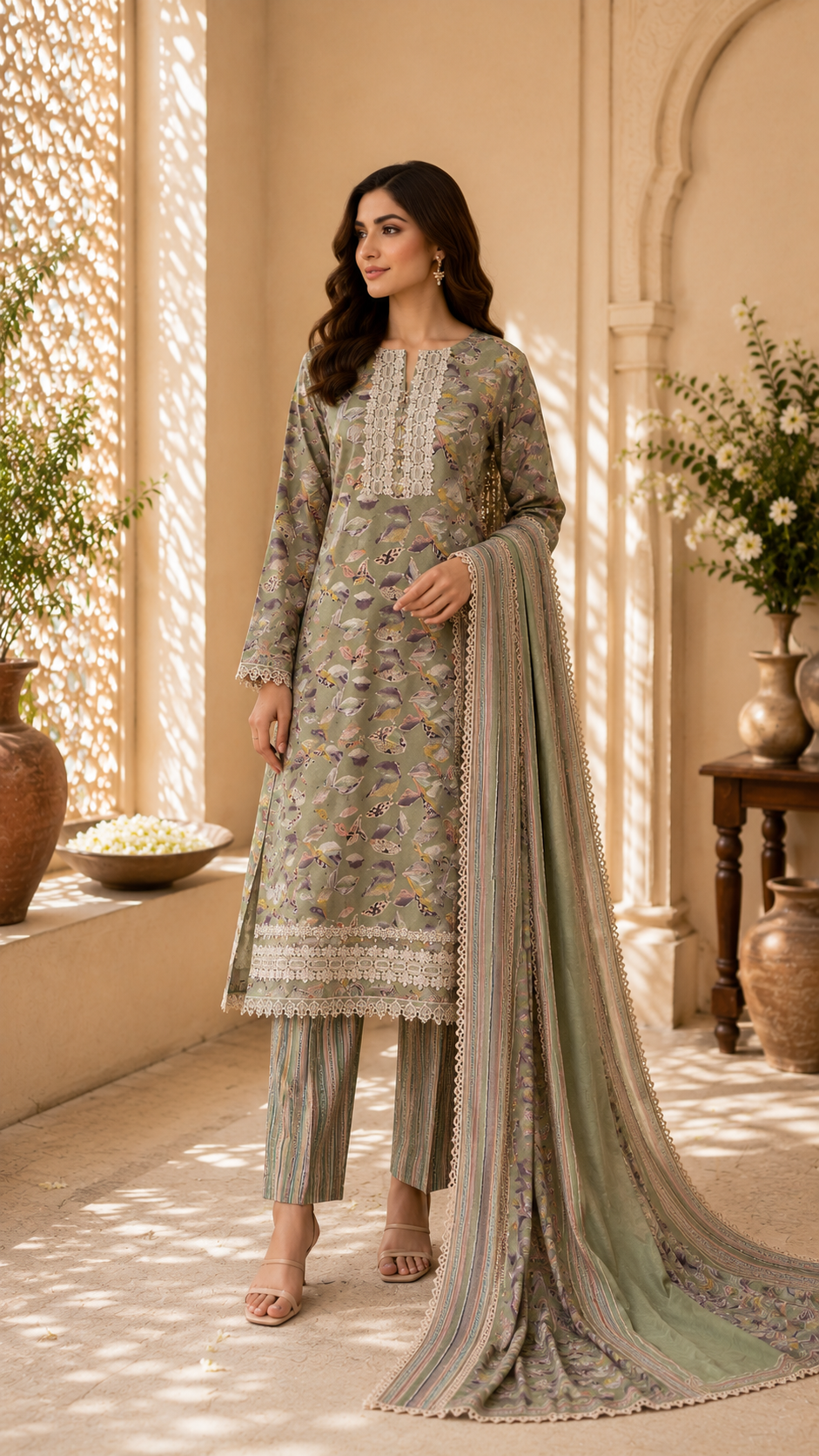 Roman silk premium look designer lace work suit