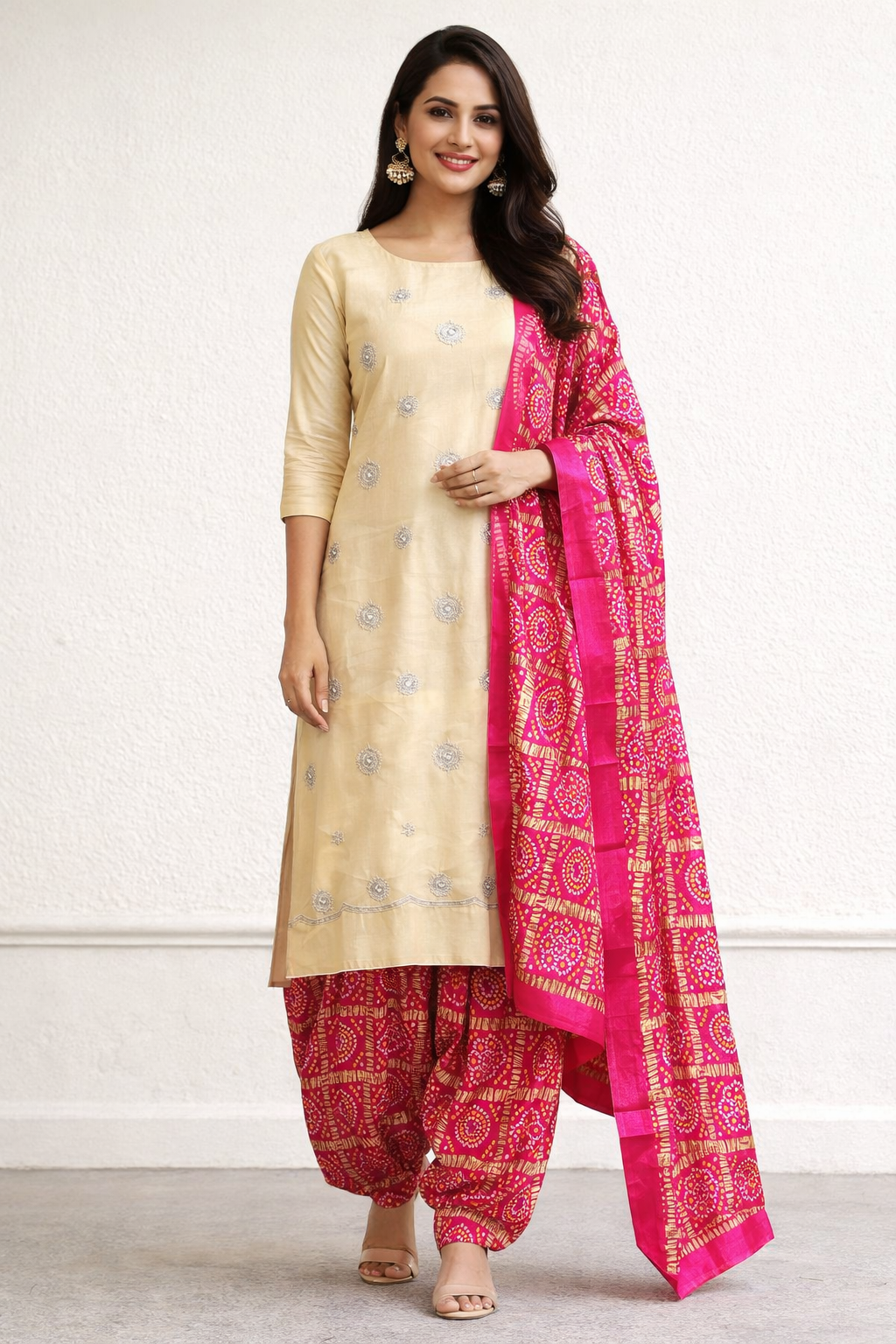 Glass tissue designer suit with bandhej print bottom and dupatta