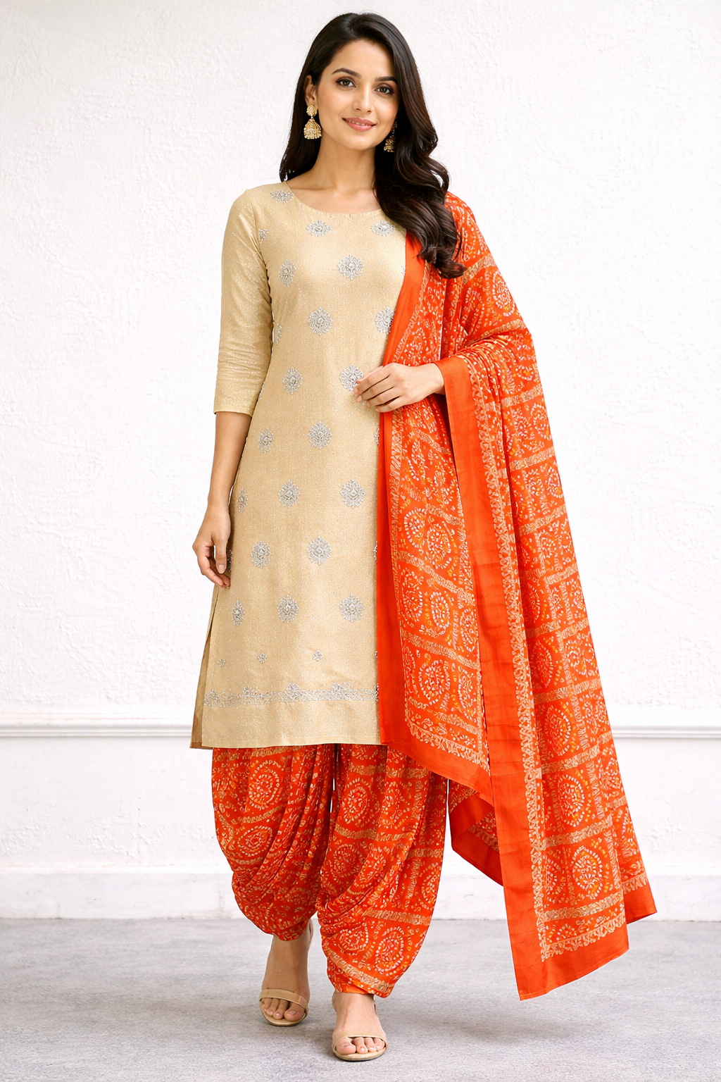 Glass tissue designer suit with bandhej print bottom and dupatta