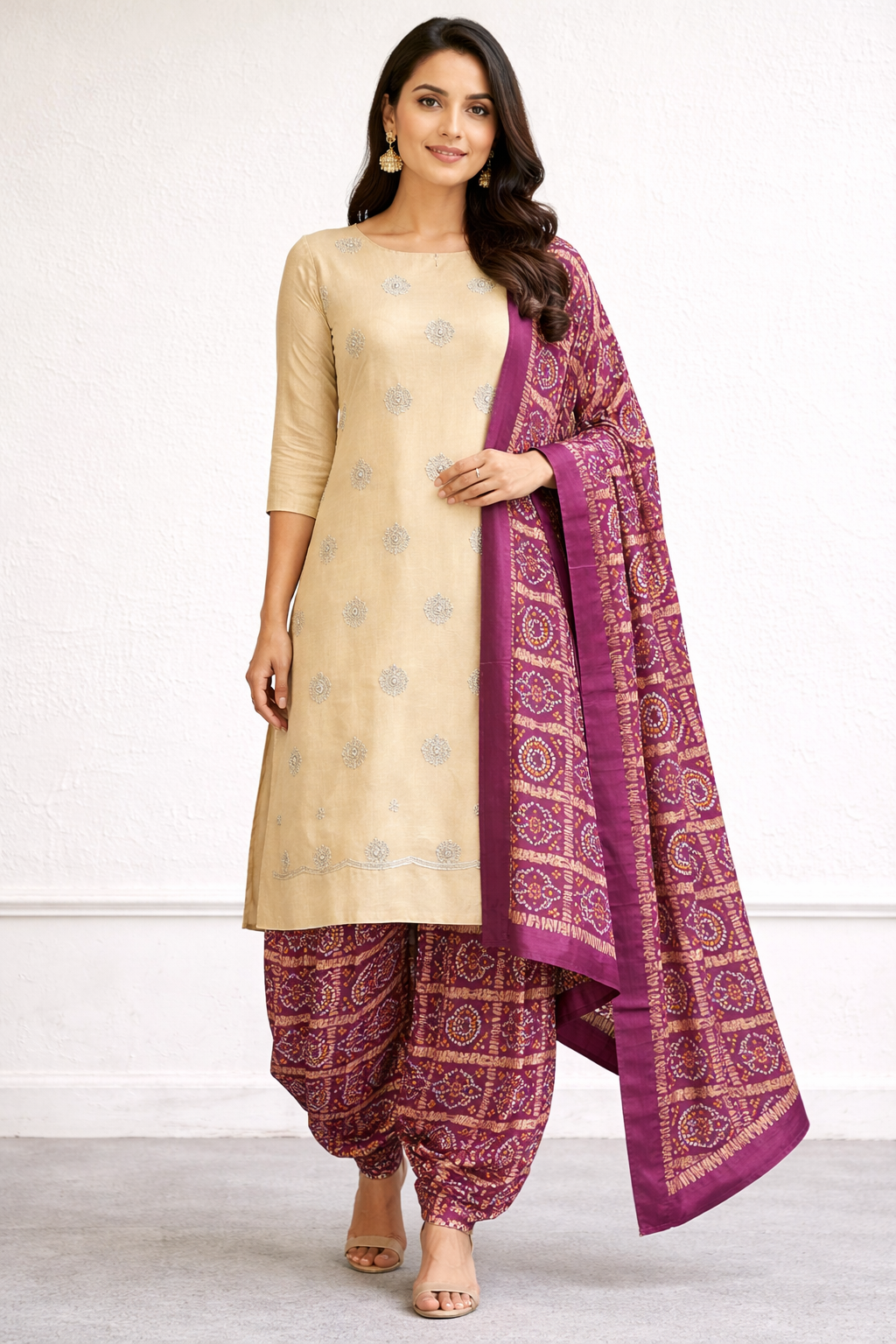 Glass tissue designer suit with bandhej print bottom and dupatta