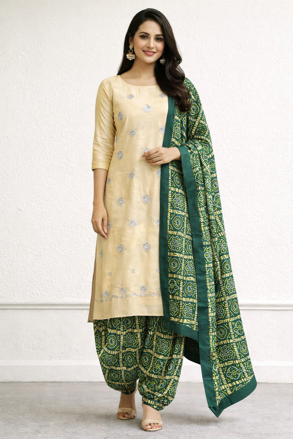 Glass tissue designer suit with bandhej print bottom and dupatta