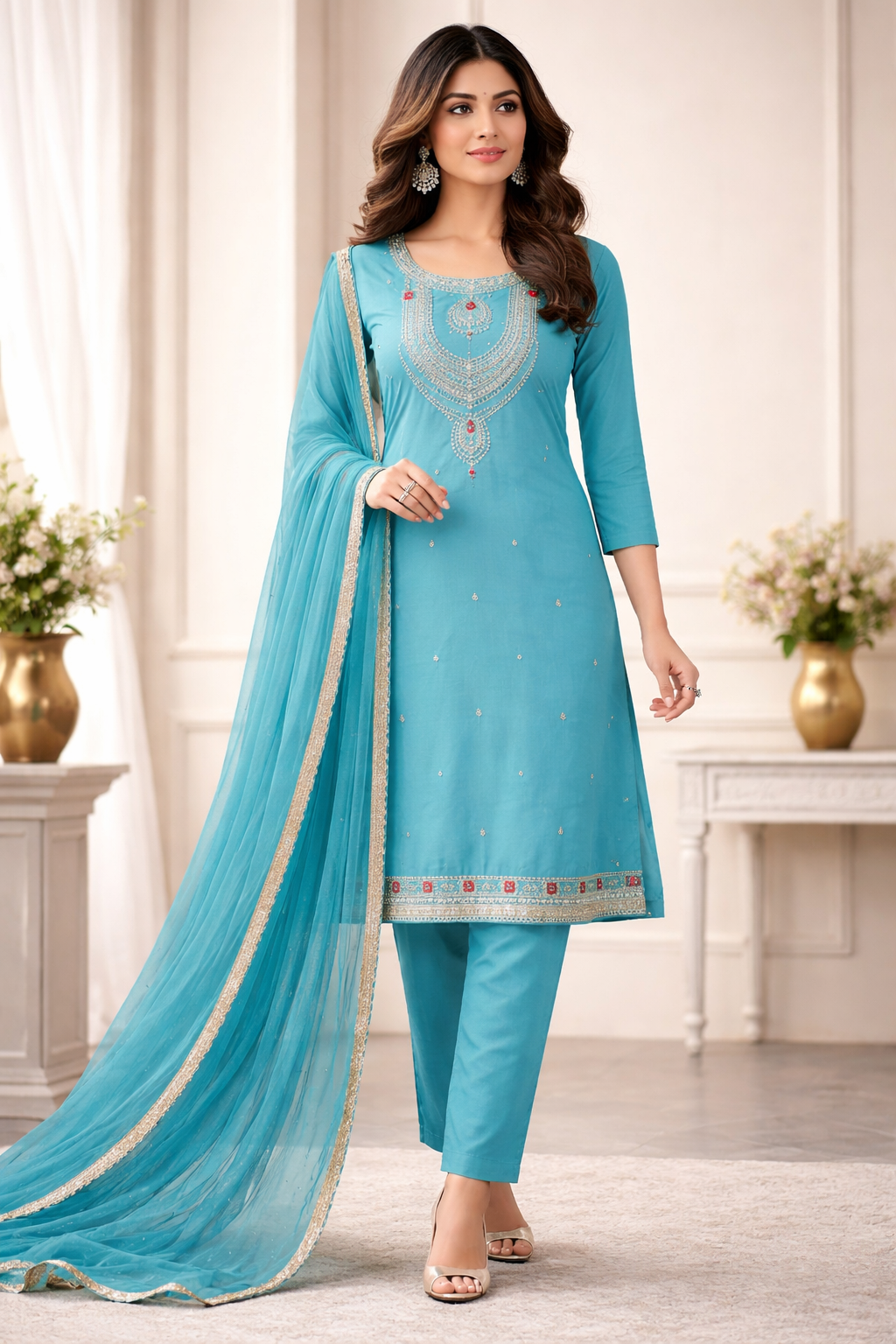 Party wear glass organza embroidered suit