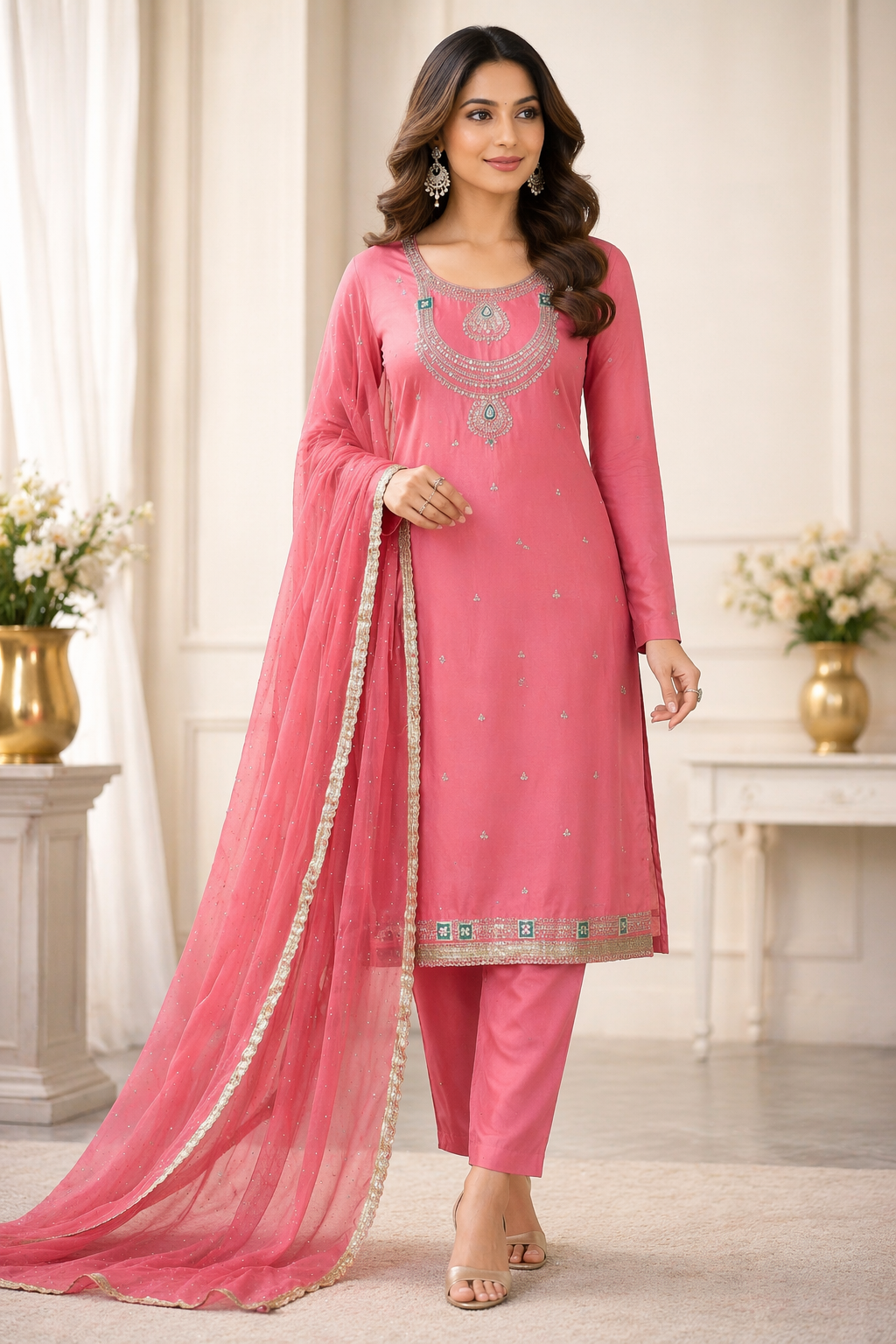 Party wear glass organza embroidered suit