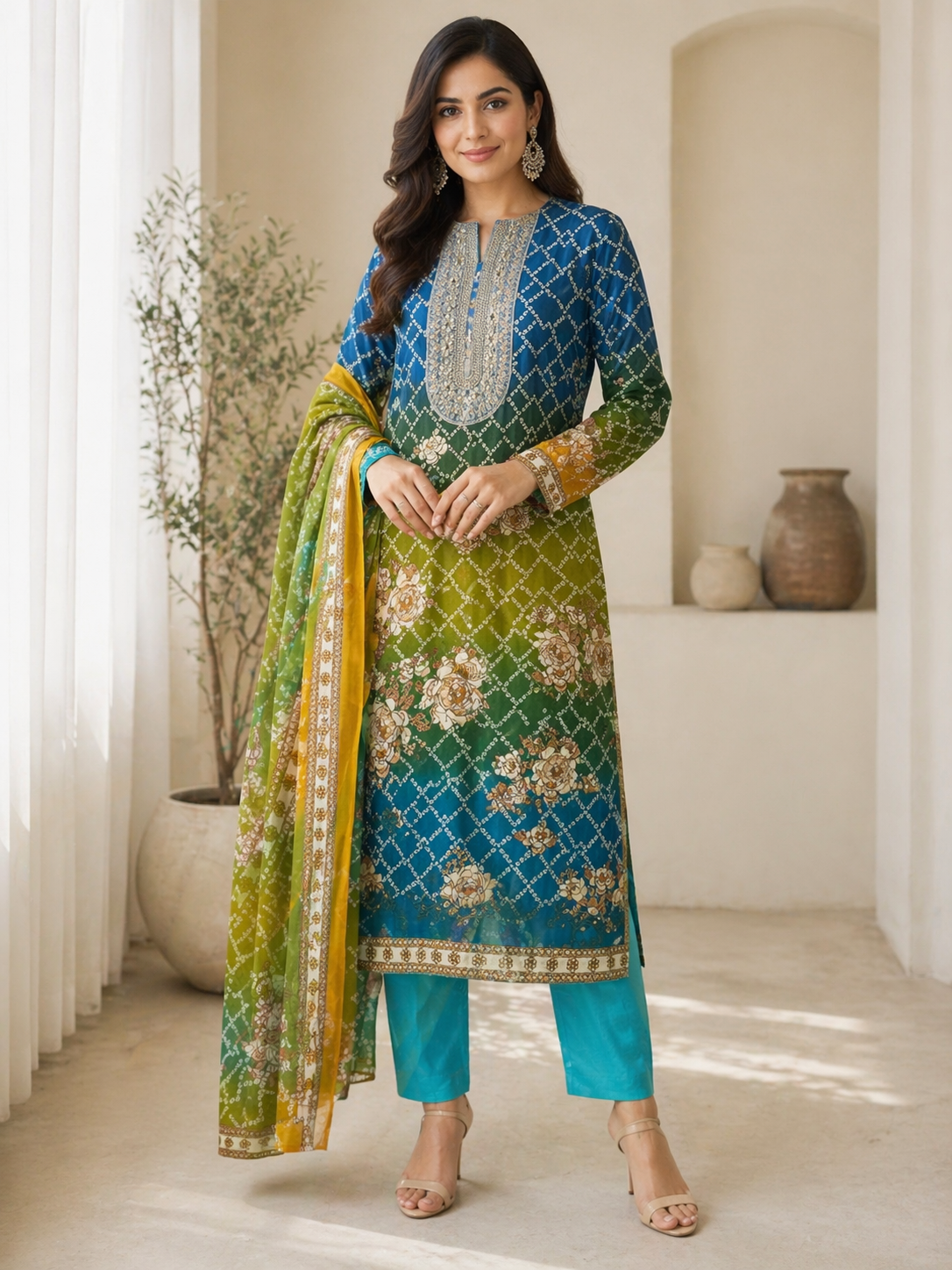 Bandhej print designer cotton embroidered suit