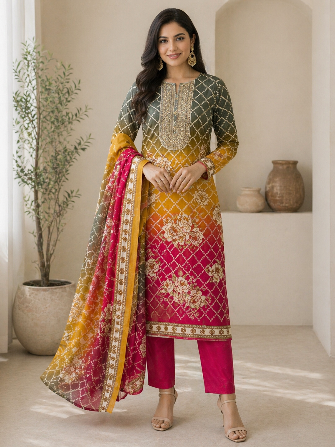 Bandhej print designer cotton embroidered suit