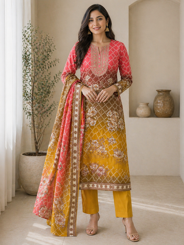 Bandhej print designer cotton embroidered suit