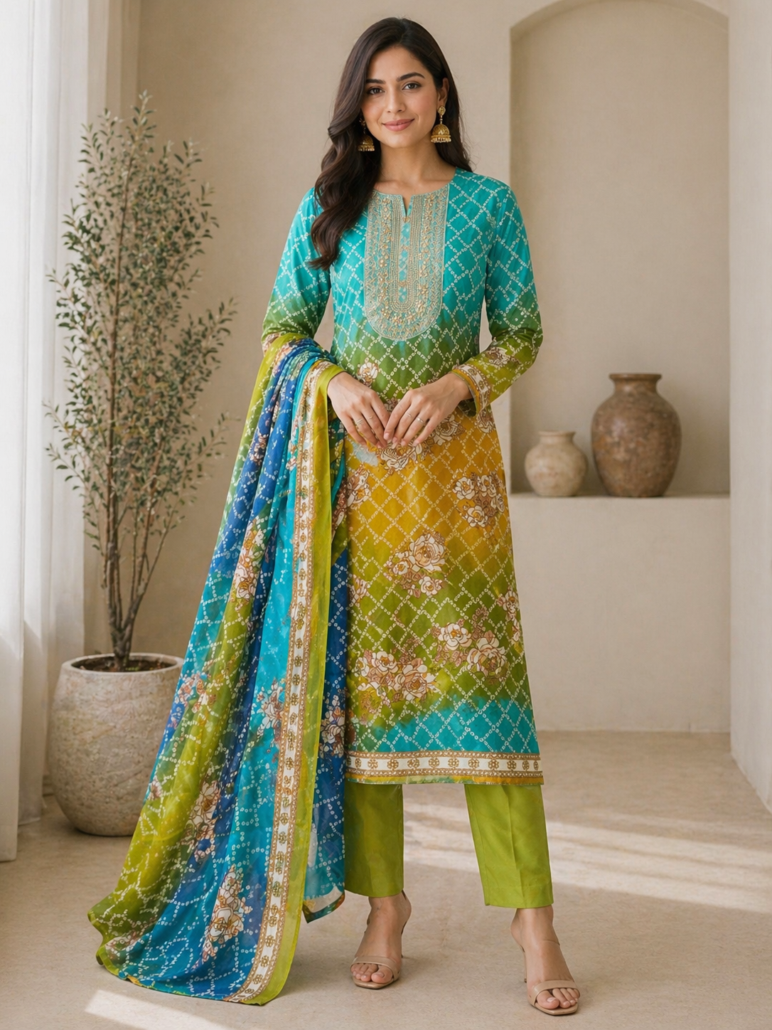 Bandhej print designer cotton embroidered suit