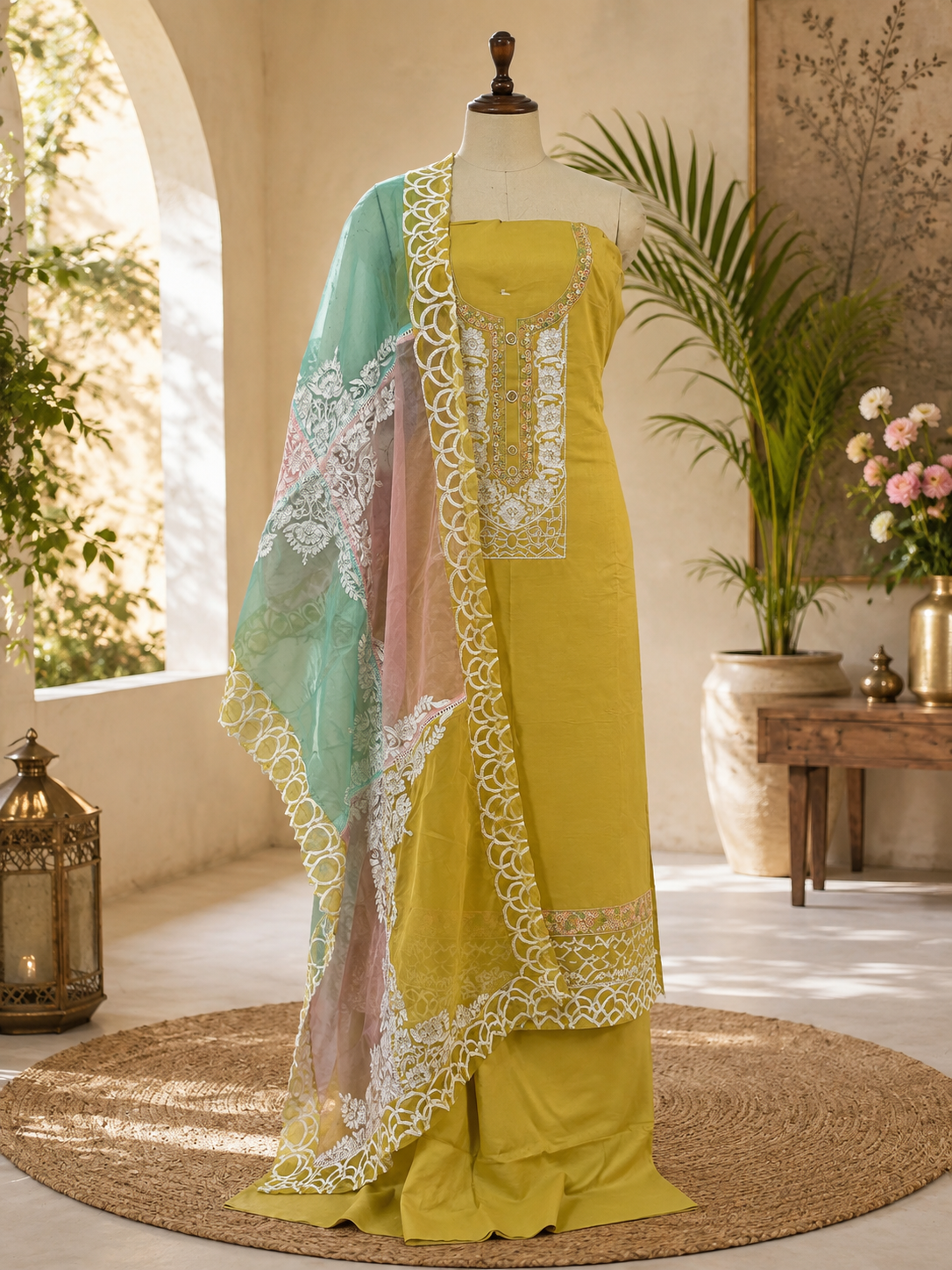 Cotton designer semi stitched suit with organza designer dupatta