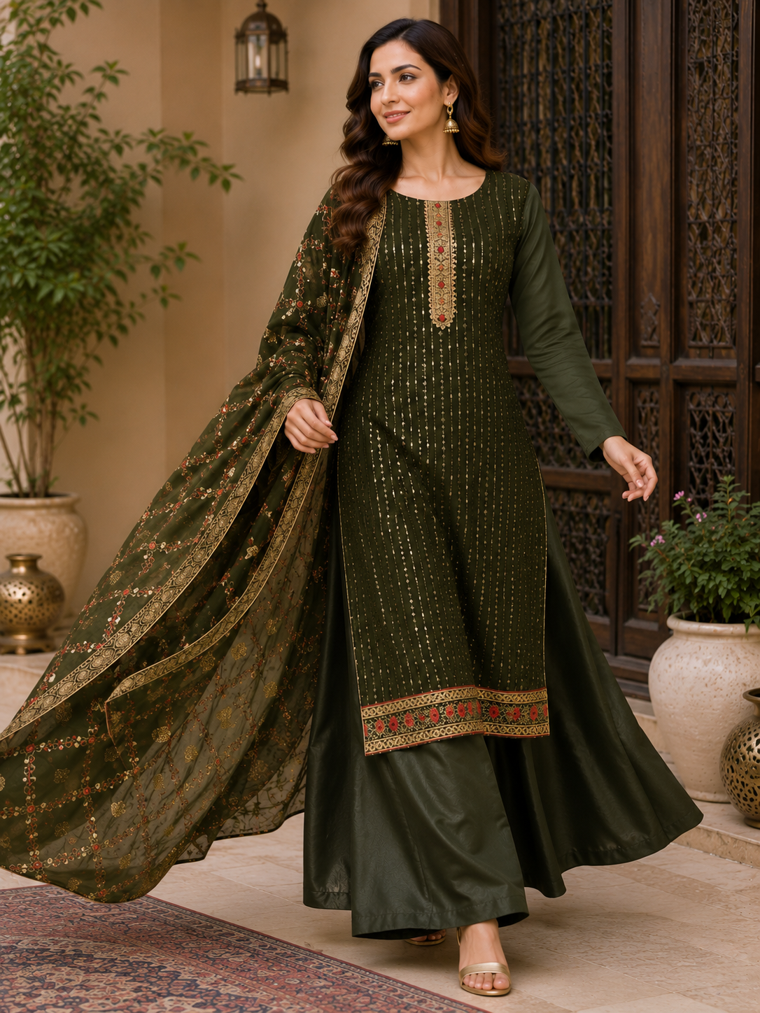 Women's Georgette Sequence Work Kurta Set with Fully Embroidered Dupatta