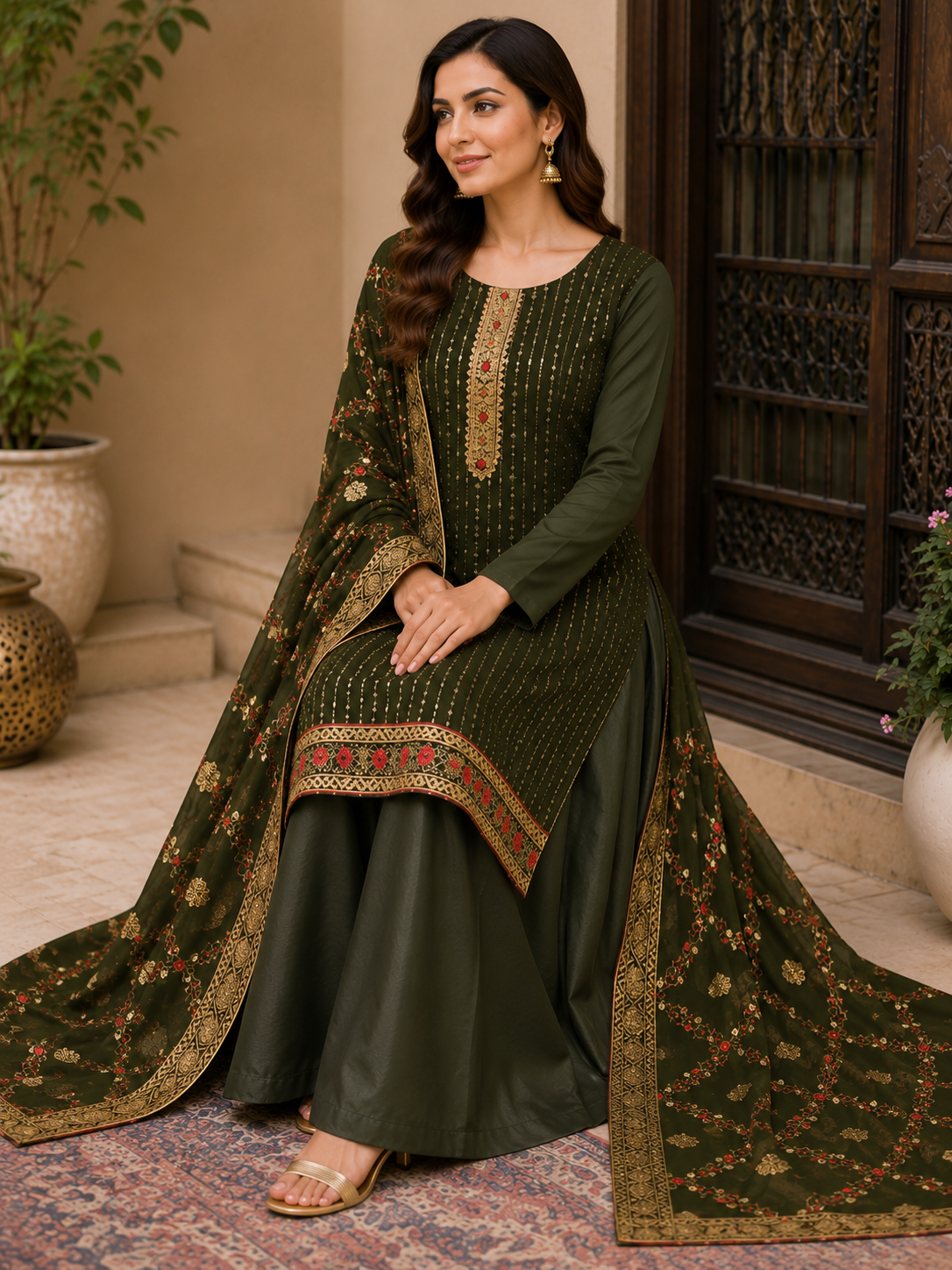 Women's Georgette Sequence Work Kurta Set with Fully Embroidered Dupatta