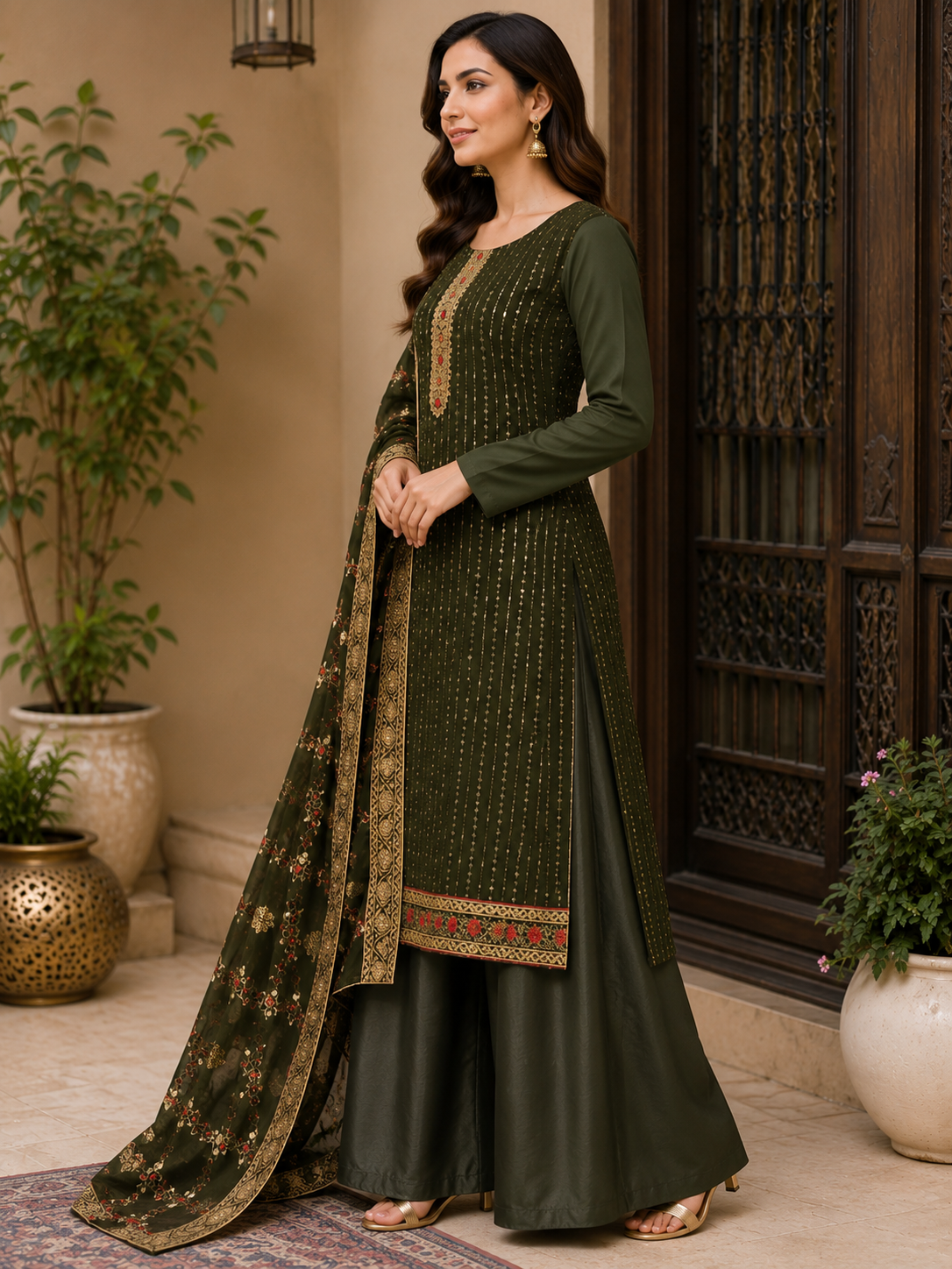 Women's Georgette Sequence Work Kurta Set with Fully Embroidered Dupatta
