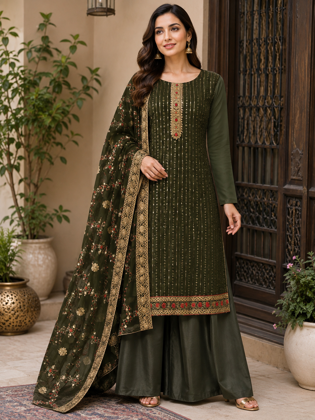 Women's Georgette Sequence Work Kurta Set with Fully Embroidered Dupatta