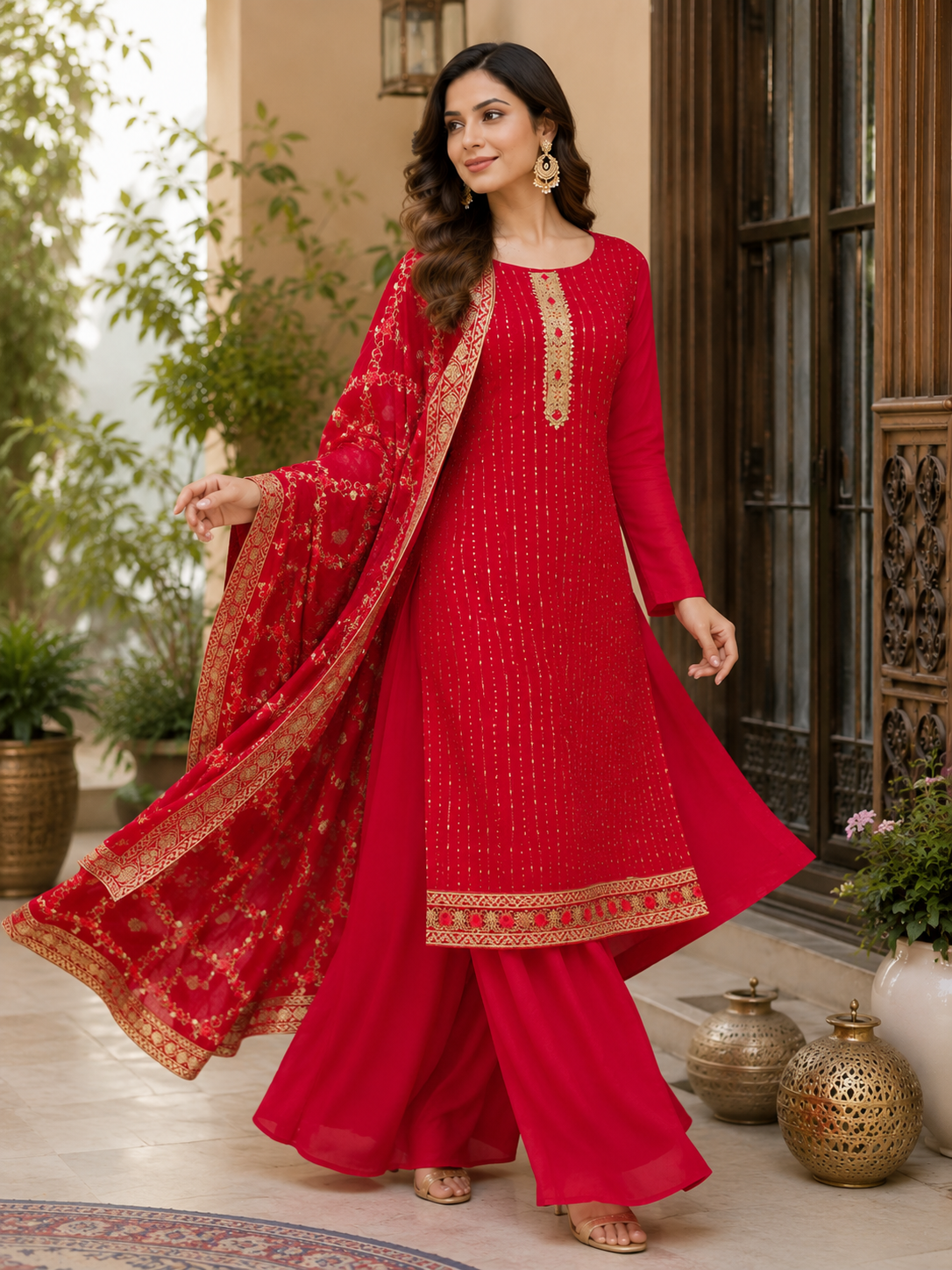 Women's Georgette Sequence Work Kurta Set with Fully Embroidered Dupatta