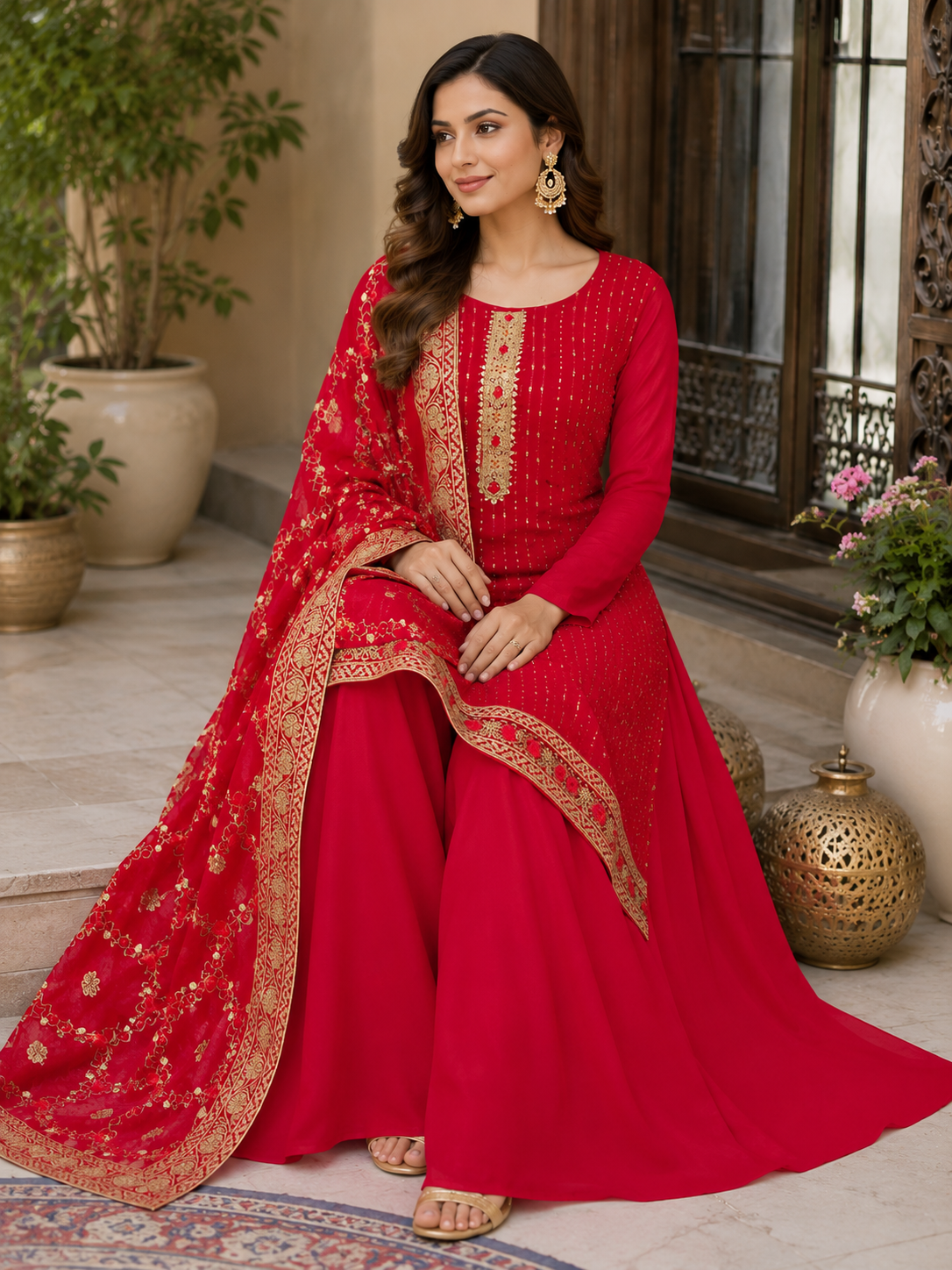 Women's Georgette Sequence Work Kurta Set with Fully Embroidered Dupatta