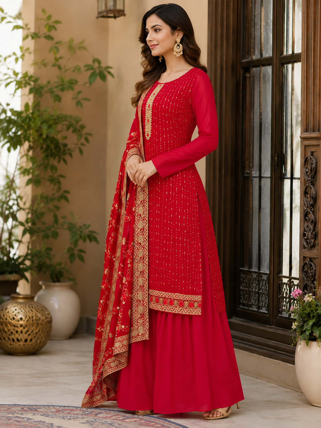 Women's Georgette Sequence Work Kurta Set with Fully Embroidered Dupatta