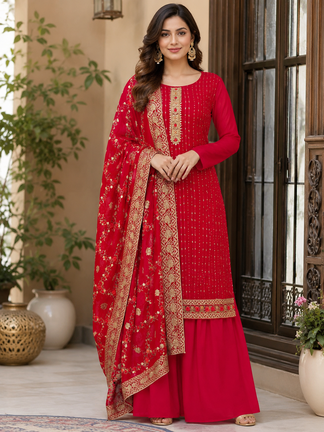 Women's Georgette Sequence Work Kurta Set with Fully Embroidered Dupatta
