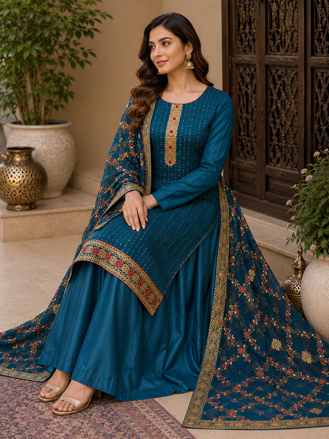 Women's Georgette Sequence Work Kurta Set with Fully Embroidered Dupatta