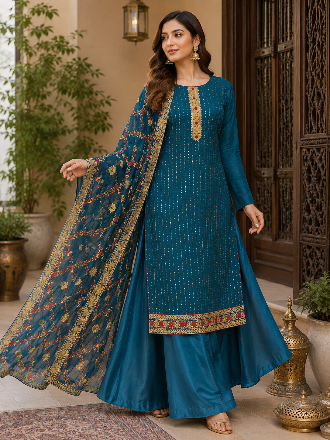 Women's Georgette Sequence Work Kurta Set with Fully Embroidered Dupatta