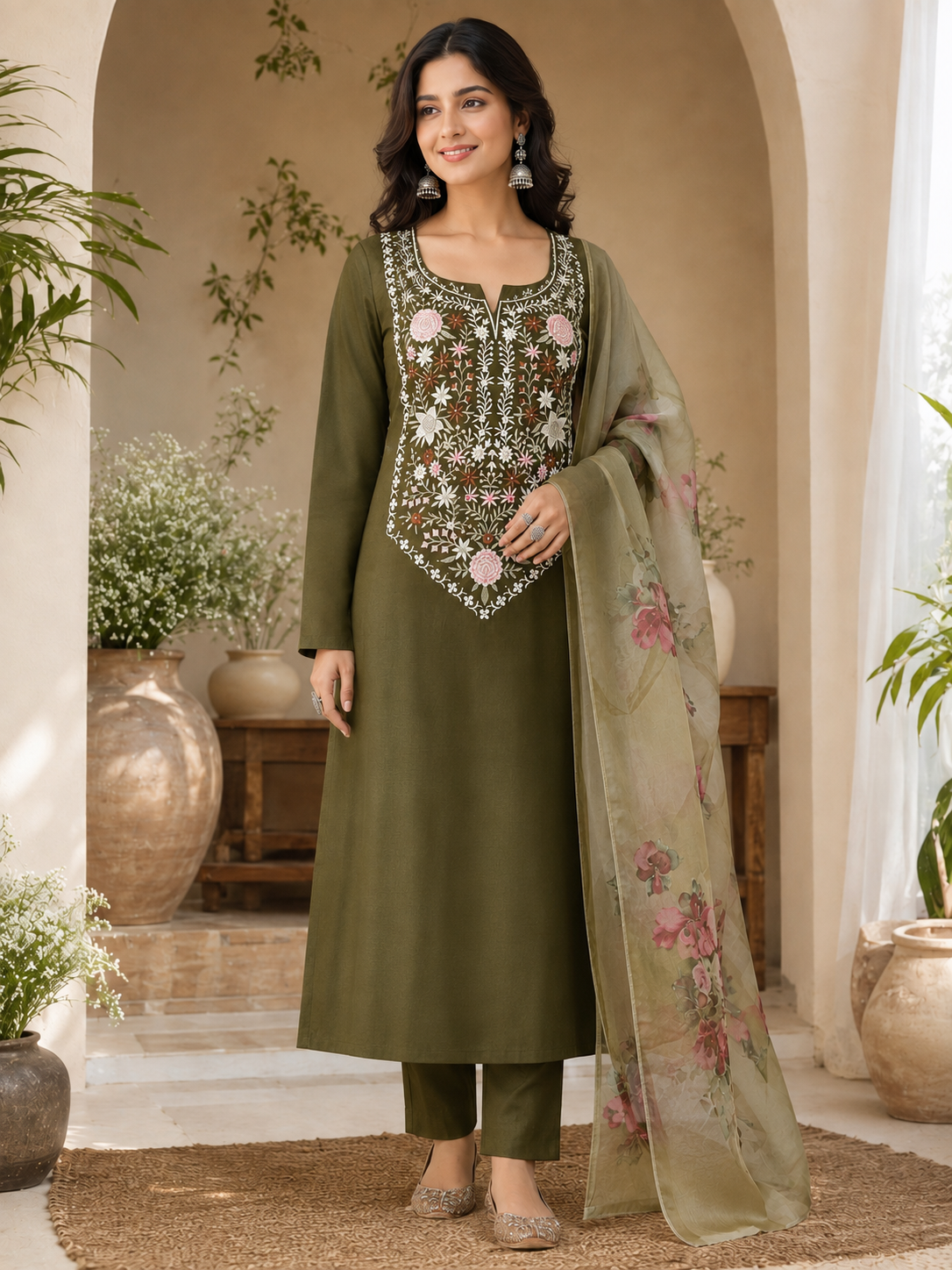 Elegant Teal Crush Lakoji Cotton Embroidered Suit Set with Soft Organza Printed Dupatta