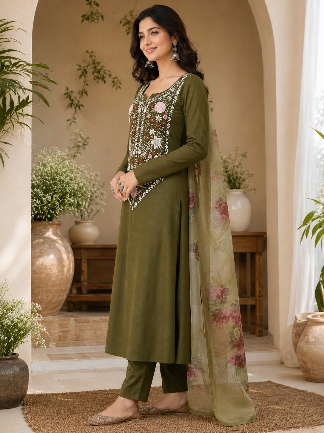 Elegant Teal Crush Lakoji Cotton Embroidered Suit Set with Soft Organza Printed Dupatta