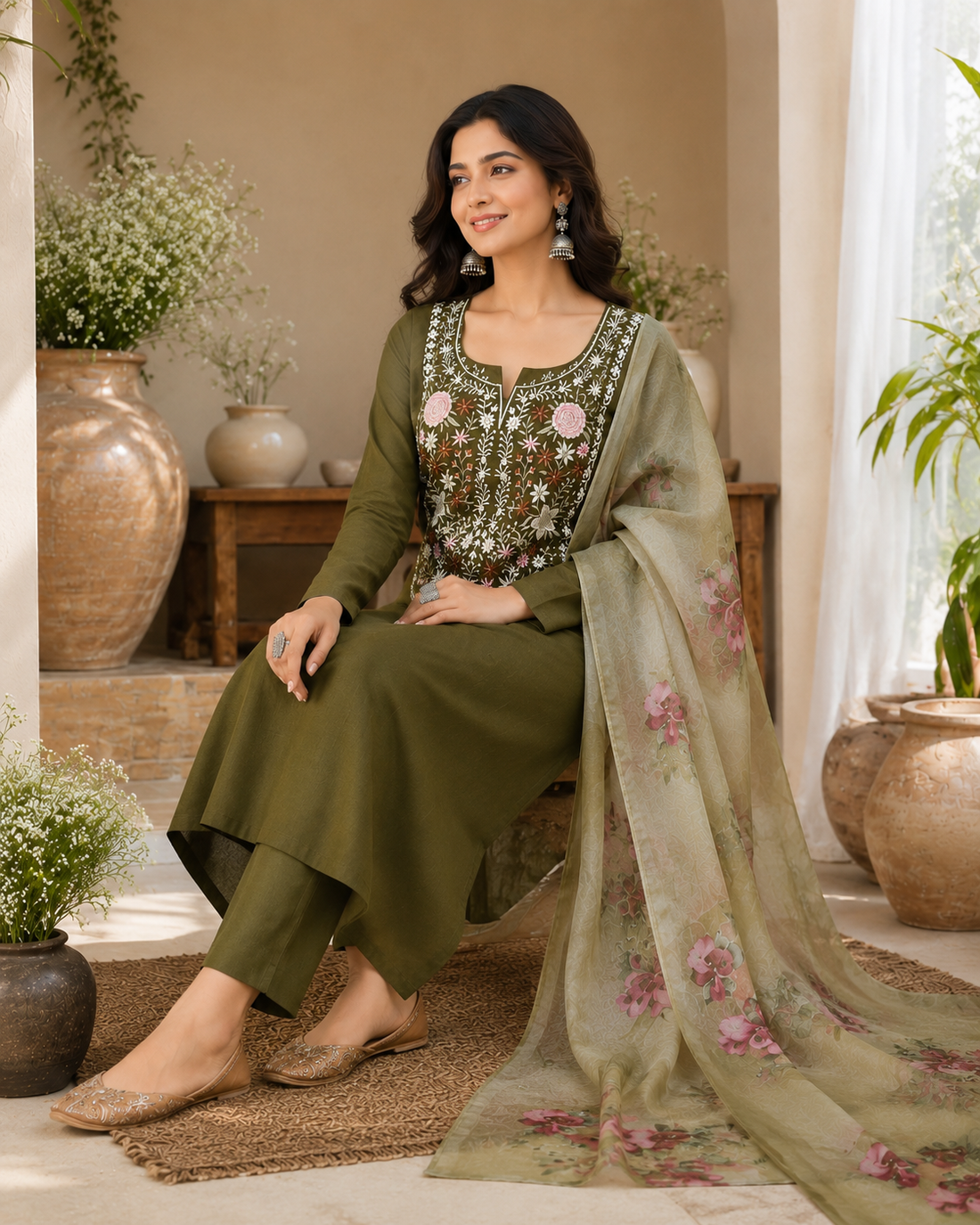 Elegant Teal Crush Lakoji Cotton Embroidered Suit Set with Soft Organza Printed Dupatta
