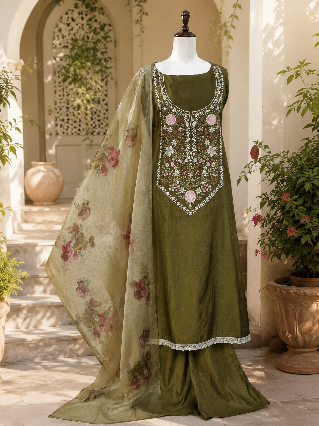 Elegant Teal Crush Lakoji Cotton Embroidered Suit Set with Soft Organza Printed Dupatta