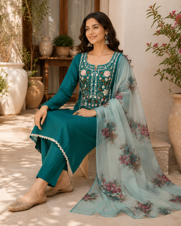Elegant Teal Crush Lakoji Cotton Embroidered Suit Set with Soft Organza Printed Dupatta